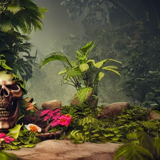 Prompt: Skull and jungle environment, many flowers and one treasure chest by Skull, atmospheric, octane render, 8k, cinematic, hyperrealism, artstation, HDR, cgisociety, smooth, volumetric lighting