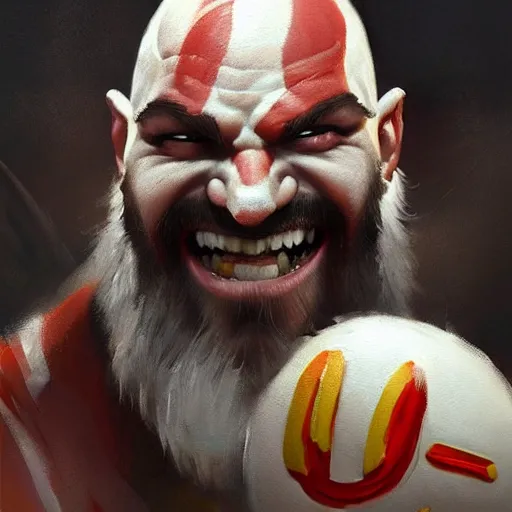 Prompt: oil painting of happy kratos as an mcdonald employee trending on artstation by greg rutkowski