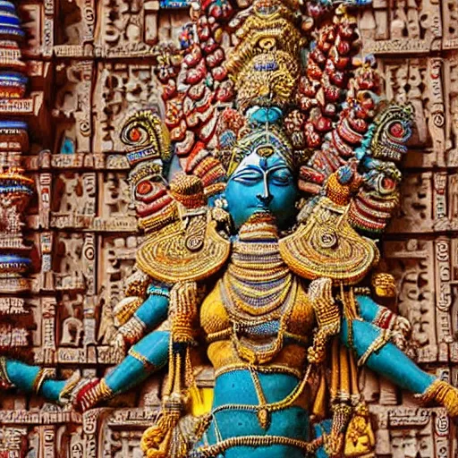 Image similar to a woman wearing an armor and headdress. the armor and headdress is made out of the colors, textures and sculptures of the meenakshi temple in madurai. intricate. detailed.