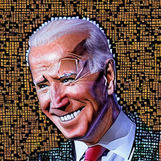 Image similar to portrait mosaic of joe biden with robot eyes, 4k, intricate details, digital, between heaven and hell