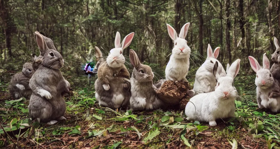 Prompt: A group of rabbits performing a shamanic ritual in a forest