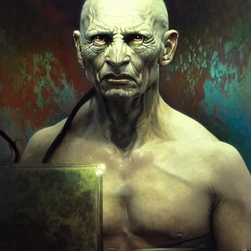 Image similar to hyperrealist portrait of an ancient old alien with large cruel intelligent eyes and a huge head standing in front of a computer interface by jeremy mann and alphonse mucha and goya, fantasy art, photo realistic, dynamic lighting, artstation, poster, volumetric lighting, very detailed faces, award winning, full face, symmetry