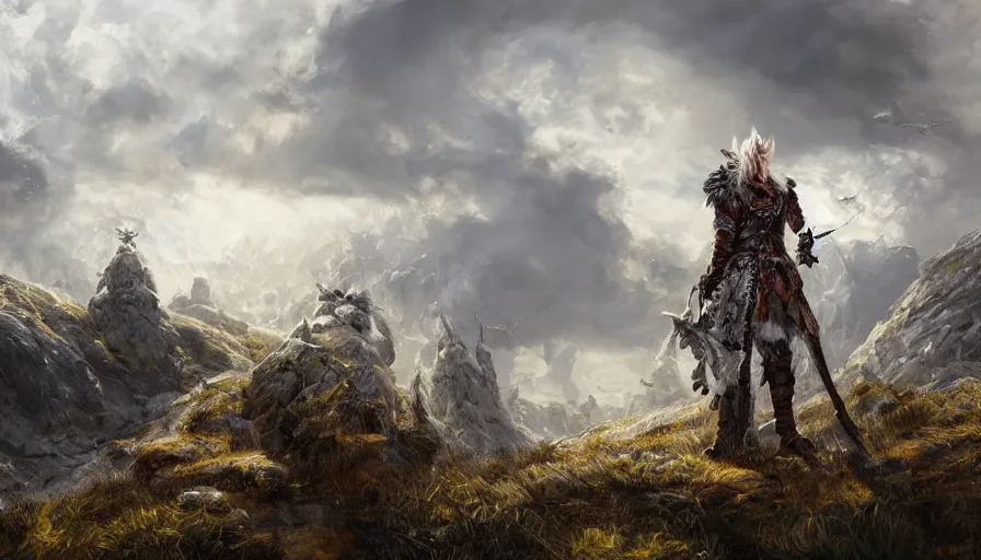 Image similar to Níðhöggr in a nordic landscape under bright daylight with fluffy clouds, set in the world of Guildwars2, painted by Hans Fredrik Gude, Greg Rutkowksi and Artgerm, concept art 2022, ultra realistic masterpiece, contrasting details vs blank areas, oil on canvas