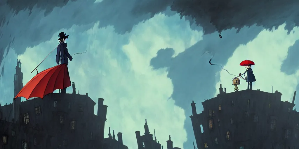 Prompt: a realistic and atmospheric cell - shaded concept art from howl's moving castle ( 2 0 0 4 ) of a multi - colored wyvern in the air. a man with an umbrella is standing in a flooded city. it is a misty starry night. very dull muted colors, hd, 4 k, hq