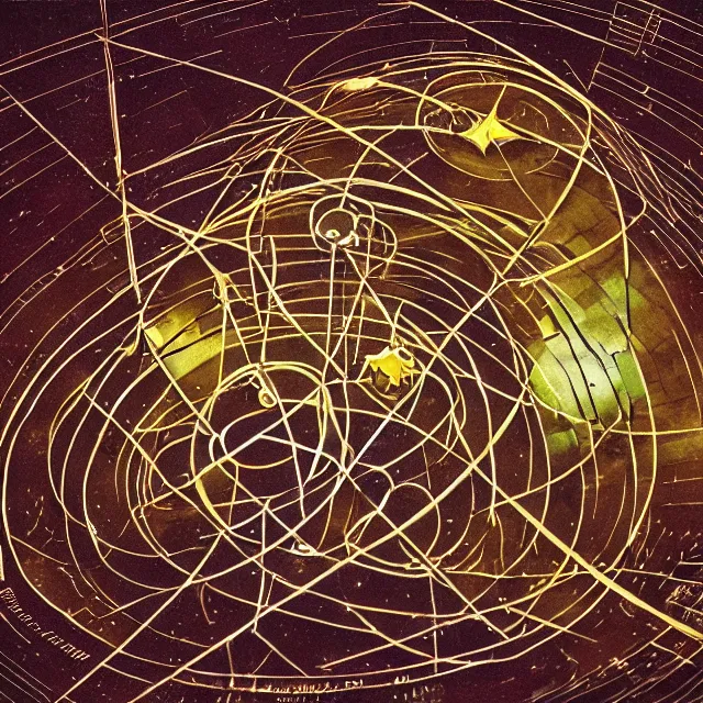 Prompt: photography of a molecule model made of planets by Lee Bontecou, psychedelic art, city map, star map, astrology, smoke, fluid simulation, sciFi