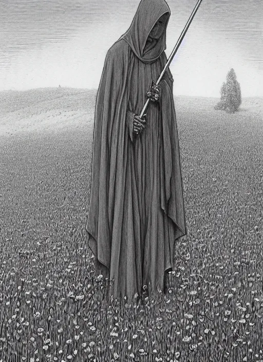 Image similar to faceless grim reaper with veil over face holding scythe at distance in beautiful meadow of flowers, detailed pencil illustration by gustave dore, highly detailed, centered, high resolution, smooth, sharp focus, illustration, 8k