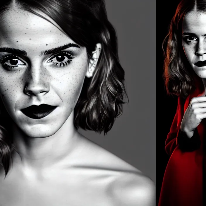 Prompt: photographic portrait face of Emma Watson as Cruella Devil, high light on the left, illuminated by a dramatic light, Low key lighting, light dark, High constrast, dramatic , Steve Mccurry, Greg Rutkowski, Alphonse Mucha, high quality, photo-realistic, four fingers maximum ,8K