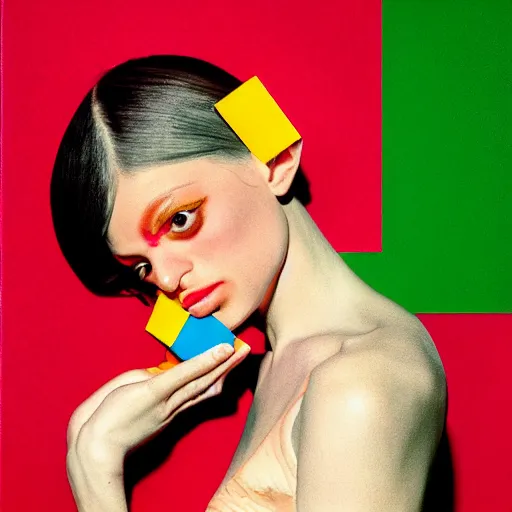 Prompt: a studio close - up portrait of a beautiful fashion model holding a brick to her ear. surreal photograph, lo - fi, polished look, silly and serious, hermes ad, fashion photography, toiletpaper magazine by pierpaolo ferrari and maurizio cattelan, 3 5 mm photograph, colourful, by pierpaolo ferrari, maurizio cattelan, david lachapelle