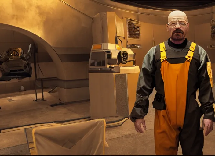 Image similar to film still of Walter White as Gordan Freeman wearing Black Mesa Jumpsuit in the Half Life Movie, 4k