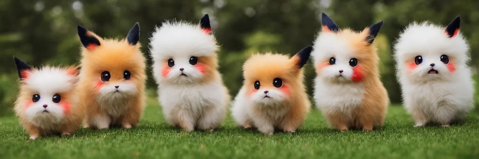 Prompt: different real life pokemons, cute!!!, content!!!, mischievous!!!, adorable!!!, little furballs, fluffy!!!, ultra realistic!!!, golden hour, sharp focus