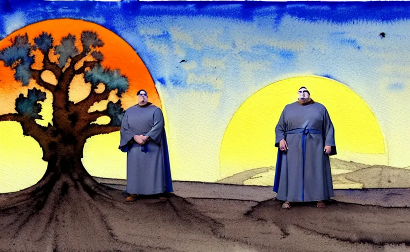 Image similar to a hyperrealist watercolor concept art of a fat medieval monk in grey robes on a bright blue sunny day in the desert. a dimensional portal in the shape of a tree arch is in the background and an orange sunset is seen through the portal. very muted colors, by rebecca guay, michael kaluta, charles vess. high detail, hq, wide shot, 4 k