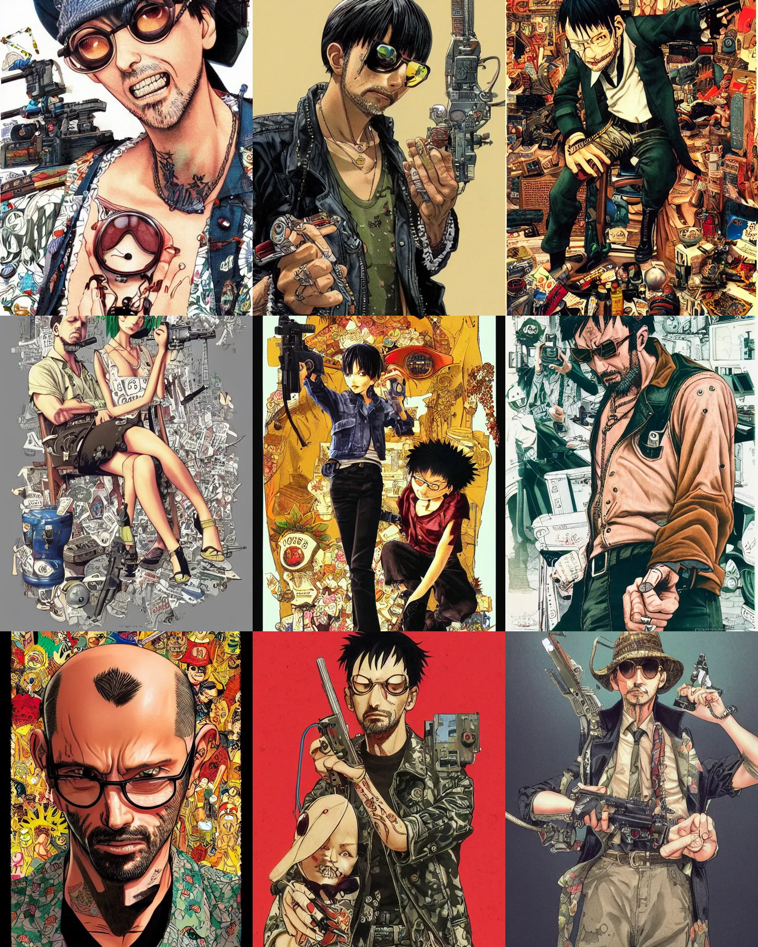 Prompt: highly detailed colored ink illustration full shot of leon the professional, clean shaped illustration by kim jung gi, ric estrada, ron english and eiichiro oda