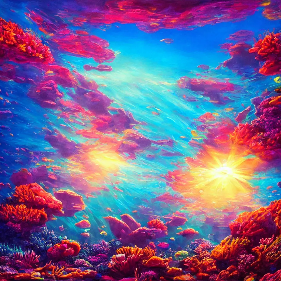 Image similar to underwater neon coral reef landscape magical realism painting with sun rays coming from above, neon pastel colors