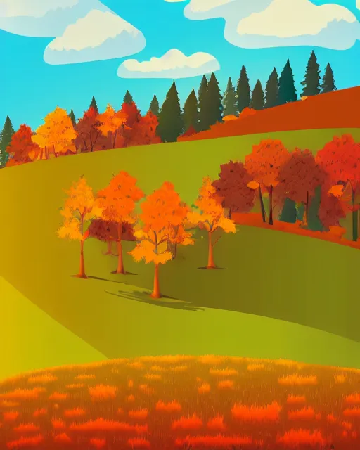 Prompt: autumn hillside boy hiking illustration fine texture, dynamic composition, detailed, matte print, dynamic perspective