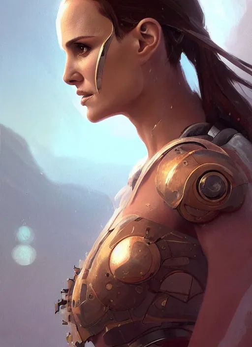 Prompt: a digital painting of Natalie Portman as a cyborg wearing a greek noble outfit, by netter, style from greg rutkowski, beautiful eyes, long hair, full frame, oil painting, featured on artstation, concept art, smooth, sharp focus, illustration, very detailed, ambient lighting, unreal engine render, concept art by Atey Ghailan, by Loish, by Bryan Lee O'Malley