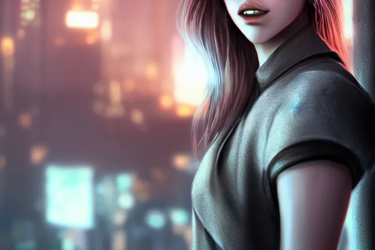 Prompt: hyperrealistic close up portrait of stunningly beautiful girl, lit by dawn light, cyberpunk city on background, trending on artstation