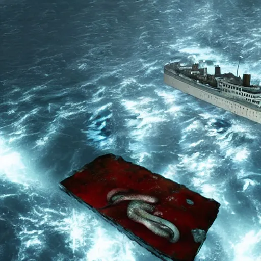 Prompt: titanic broken in two pieces descending into the floor of the ocean, which is full of tentacles, 4k, photorealistic, artstation