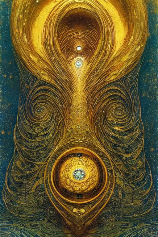 Image similar to The Heart of Gold by Karol Bak, Jean Deville, Gustav Klimt, and Vincent Van Gogh, otherworldly, fractal structures, arcane, prophecy, ornate gilded medieval icon, third eye, spirals