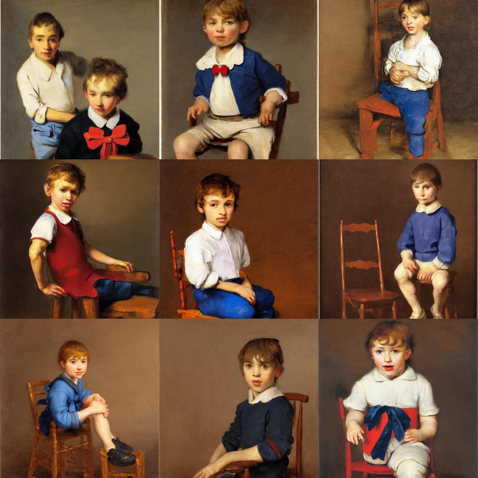 Prompt: a front view portrait of a young caucasian boy, with short straight brown hair, blue eyes, wearing a white shirt with a red bow, black short pants and dark color shoes ; seated on a tall wooden chair ; ligh brown background, oil painting, oil canvas, volumetric light, in the style of rembrandt