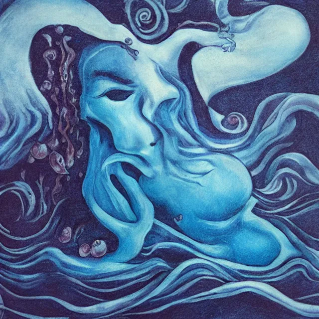 Prompt: a female art student falling asleep, iceberg, dark, sensual, dreamy, waves, swirls, blue drips, fish, blueberries, octopus, neo - impressionist, surrealism