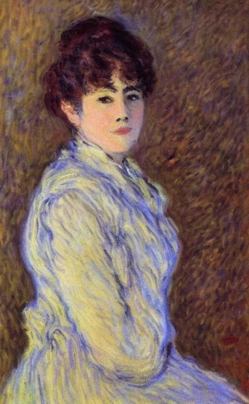 Image similar to claude monet! portrait, lady!! looking at us! brown fuzzy hair!