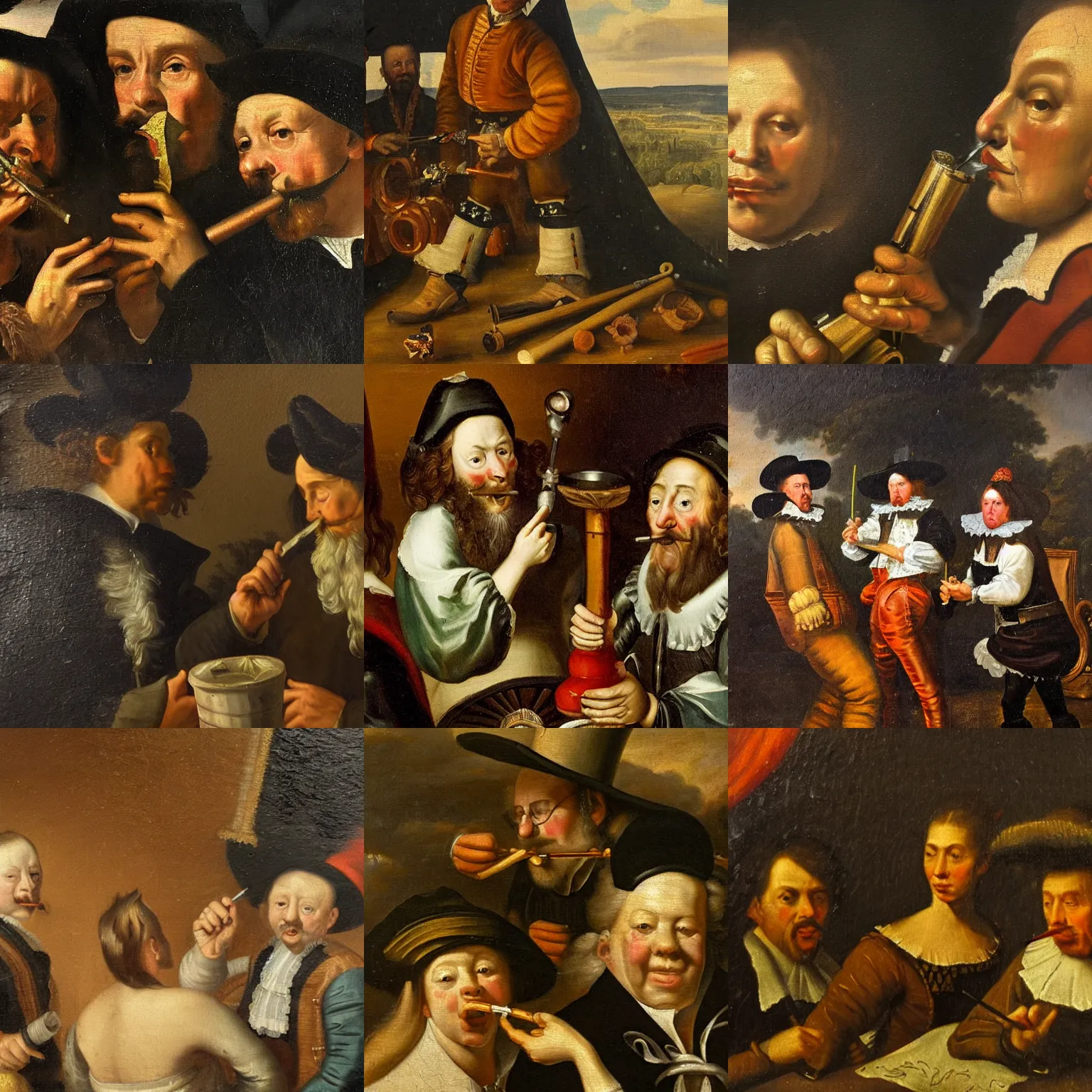 Prompt: Dutch oil painting from 1600s: Closeup of people smoking a bong, portrait, weed