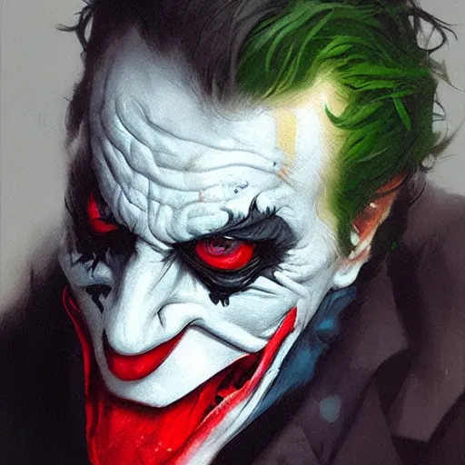 Image similar to joker, crazy face, facepalm, paint by greg rutkowski