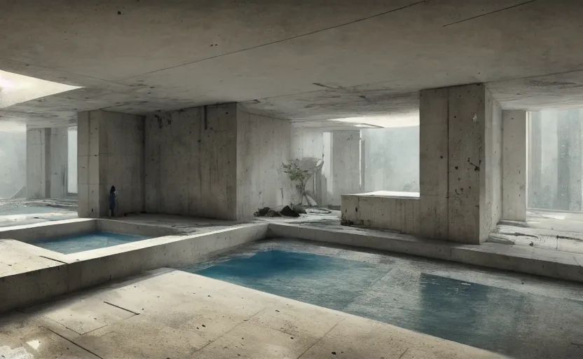 Prompt: painting of interior shot of a white concerete brutalist house with big pools by darek zabrocki and greg ruthkowski, cinematic and cold atmospheric, archillect concept art, artstation, trending on artstation