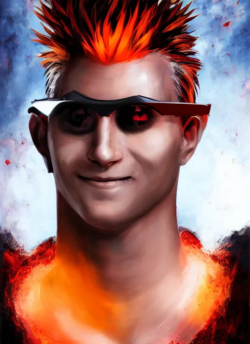 Image similar to An epic fantasy comic book style portrait painting of young man with red spiked long hair, using an orange lens googles. Wearing white shirt, a black waistcoat, brown pants and black boots. He is with a vicious smile in face. Unreal 5, DAZ, hyperrealistic, octane render, cosplay, RPG portrait, dynamic lighting