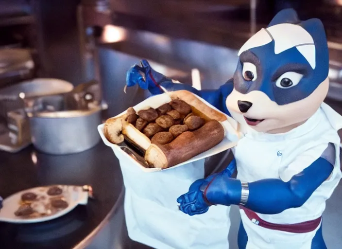 Image similar to film still of Rocket Racoon working as a pastry chef in the new Avengers movie, 4k