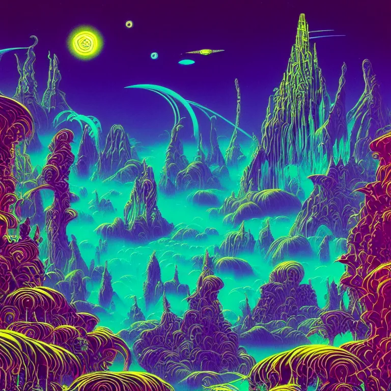Prompt: mysterious rocket hovers over mythical crystal temple, psychedelic fractal waves, synthwave, bright neon colors, highly detailed, cinematic, eyvind earle, tim white, philippe druillet, roger dean, ernst haeckel, lisa frank, aubrey beardsley