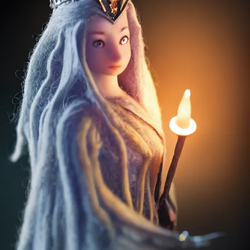 Prompt: needle felt action shot of galadriel saying i would be queen, lotr, head and shoulders, stone background, dramatic lighting, spooky, dslr, tilt shift, extremely textured, hyper detailed