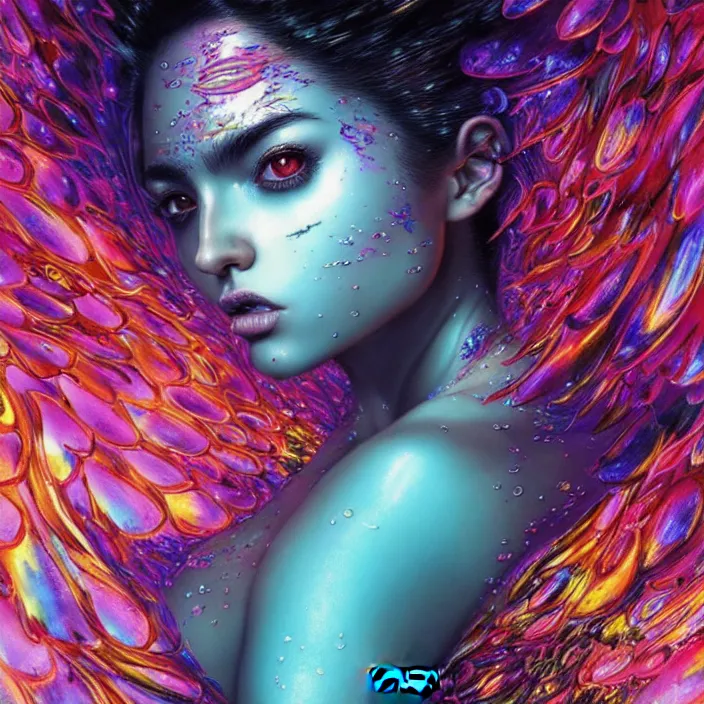 Prompt: ultra detailed illustration of a angry latin girl covered in a sea of iridescent liquid by nekro, Karol Bak, colorful, front view, vivid colors, 8k, coherent, anime vibes, uplifting, magical composition, artstation, synthwave, 8k, coherent, artgerm, uplifting, unreal engine, magical composition, artstation