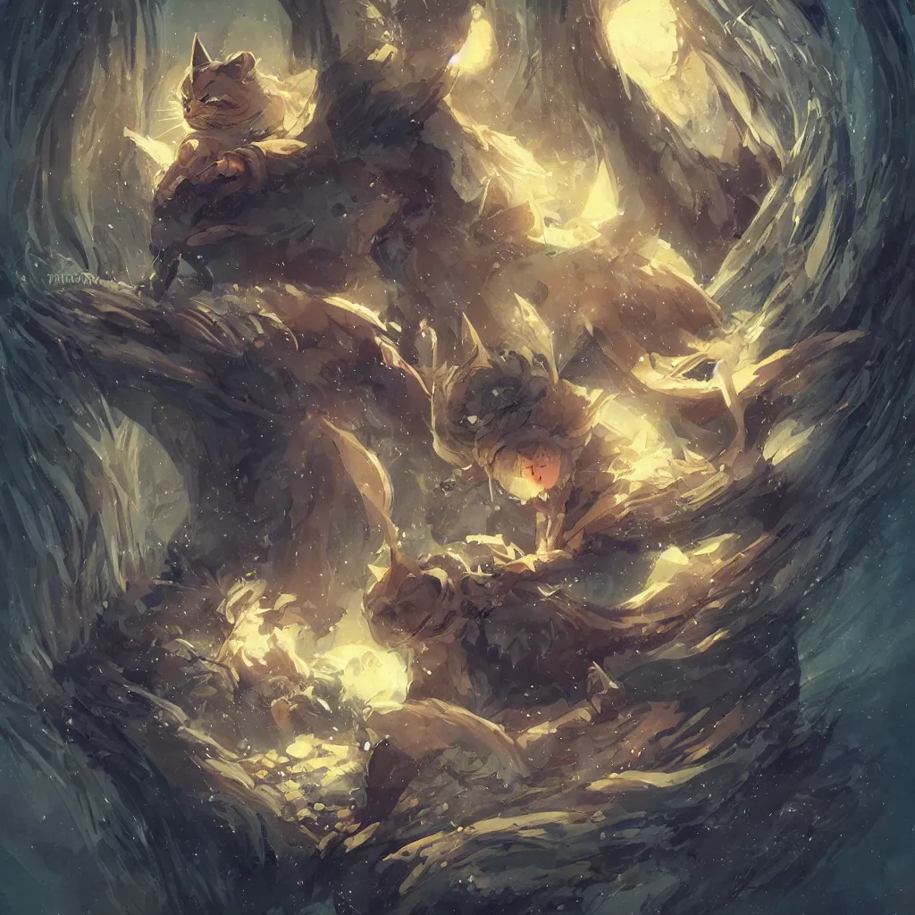 Image similar to anime cat with cloak laying on a magical wood carved chair, super powers, glowing tiny blue lines, concept art, by greg rutkowski, overdetailed art