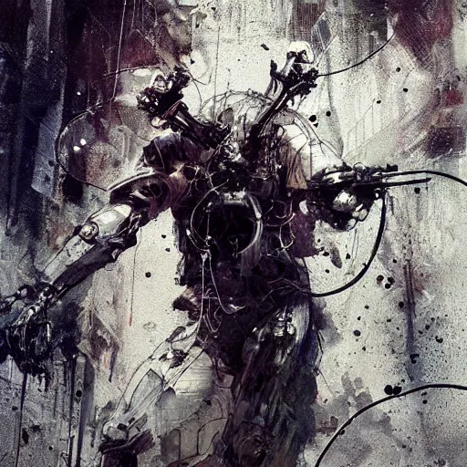 Image similar to cybernetic hunter, cyberpunk, wires, skulls, machines by emil melmoth zdzislaw belsinki craig mullins yoji shinkawa realistic render ominous detailed photo atmospheric by jeremy mann francis bacon and agnes cecile ink drips paint smears digital glitches glitchart