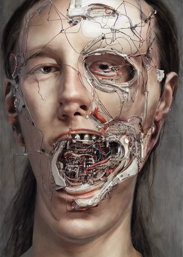 Image similar to cybernetic implants on face, metal jaw, usb port on forehead, portrait by jenny saville