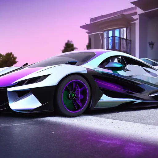 Image similar to iridescent pearl colored supercar, black spoiler, white rims, purple tinted windows, mansion in background, 8 k, octane render, ultra detailed, intricate