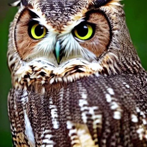 Prompt: new species that look mostly like an owl with some cat features
