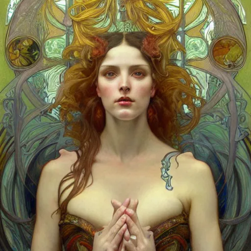 Prompt: a painting in the style of donato giancola, and in the style of tom bagshaw, and in the style of alphonse mucha. smooth, sharp focus, semi - realism, symmetry.