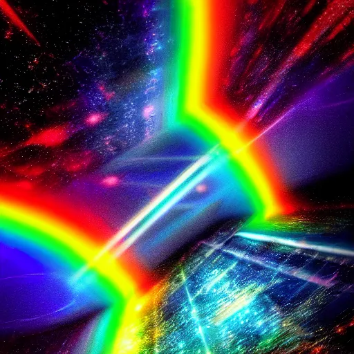 Image similar to chaotic cinematic space rift, dark, rainbow, bright, night