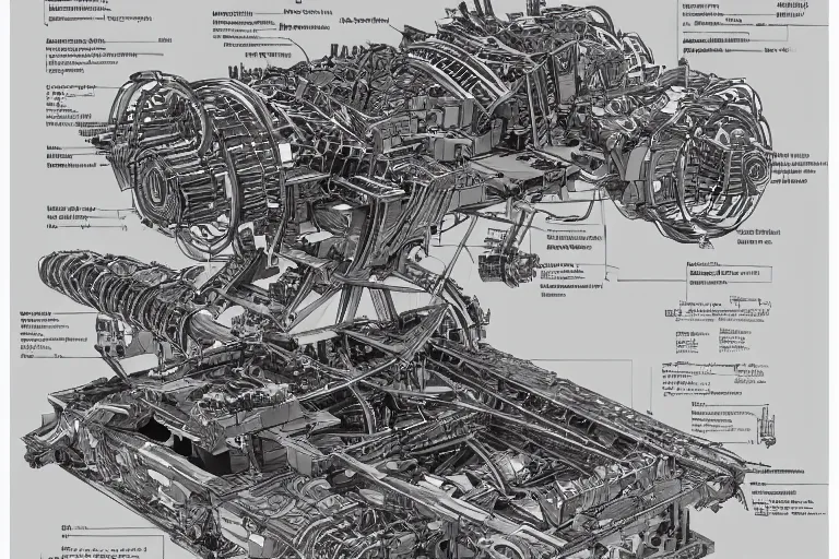 Image similar to aesthetically pleasant technical drawing of an open - source nuclear weapon machinery, hyperdetailed, complex, intricate, exploded view!!, 4 k, trending on artstation