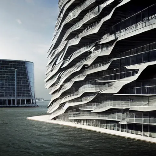 Image similar to a incredible cutting edge new building on the London waterfront designed by bjarke ingels, photo by Annie Leibovitz