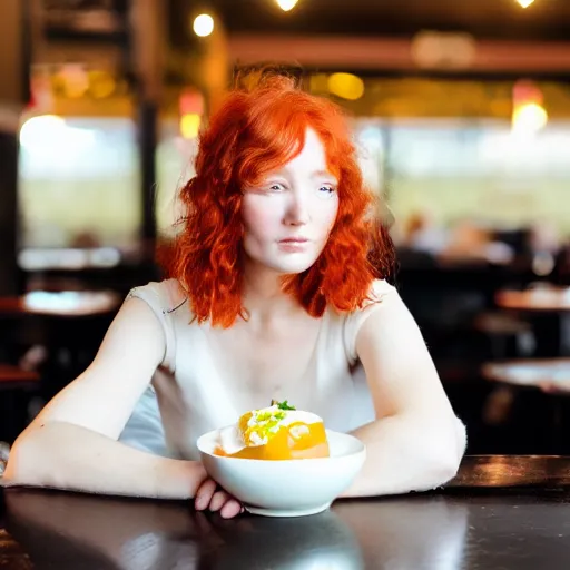 Image similar to young red headed woman sitting in a restaurant, poached egg on her head