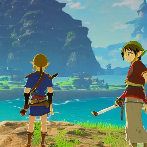 Image similar to a screencap of the legend of zelda breath of the wild, of one piece's luffy in breath of the wild