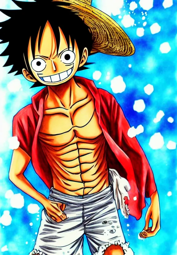 Image similar to Luffy from one piece drawn by Sakimichan!! Water particles! +++ super dynamic posing, portrait! Powerful art!