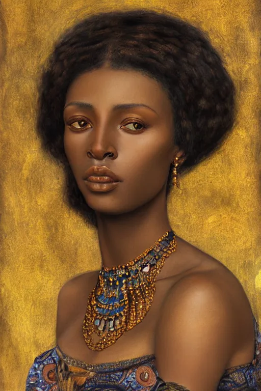 Image similar to Portrait of a Beautiful African female, sad green eyes, beautiful skin, elegant, jewellery, digital painting, Pre-Raphaelites, highly detailed, concept art, smooth, sharp focus, gold and indigo, illustration, art by Klimt .