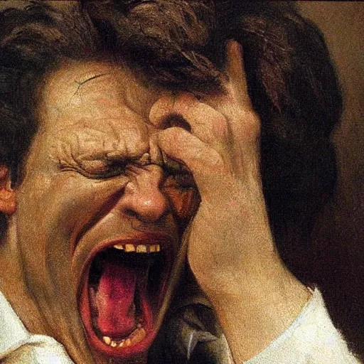 Image similar to an angry man screams at his computer monitor, oil on canvas, 1 8 8 3, highly detailed