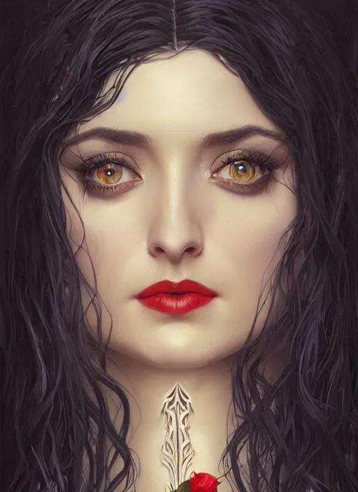 Image similar to ana de armas as morticia addams, masterpiece, intricate, elegant, highly detailed, digital painting, artstation, concept art, smooth, sharp focus, illustration, art by artgerm and greg rutkowski and alphonse mucha and uang guangjian and gil elvgren and sachin teng, symmetry!!