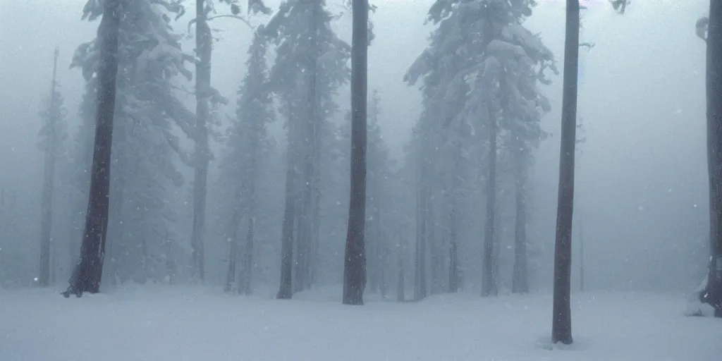 Image similar to photo, bigfoot faintly appears in the distance, barely able to be seen. cold color temperature, snow storm. hazy atmosphere. humidity haze. kodak ektachrome, greenish expired film, award winning, low contrast