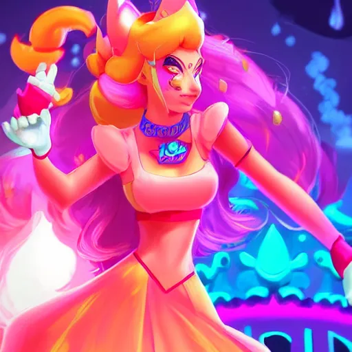 Image similar to Princess peach mixed with jinx from league of legends, background with neon lighting, trending on artstation, by Joe Benitez, WLOP, Alessandro Barbucci, Barbara Canepa